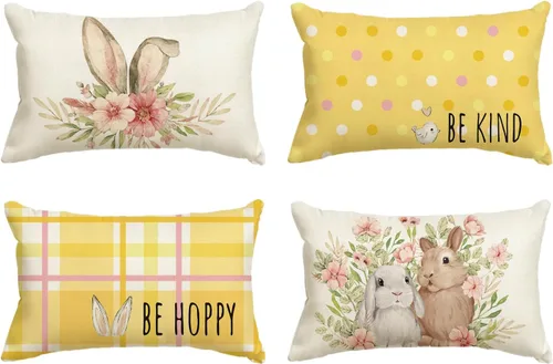 Miniatura 14 de AVOIN colorlife Juego de 4 fundas de cojín de Pascua con diseño de búfalo y flor de conejo de Pascua Be Hoppy Bule, 18 x 18 pulgadas, diseño