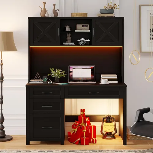 Miniatura 10 de Escritorio ejecutivo Farmhouse de 67" de altura con estante superior, escritorio de oficina con 4 cajones y luz LED, mesa de computadora con Gris