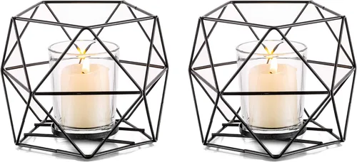NUPTIO Portavelas - 2 portavelas negros para velas de té y velas de pilar con candelabros de vidrio votivo, decoración de mesa geométrica para