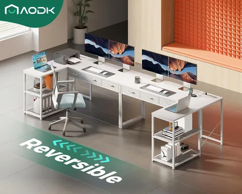 Miniatura 7 de AODK - Escritorio de computadora en forma de L de 53 pulgadas con cajones, con tomas de corriente y estantes de almacenamiento, soporte móvil