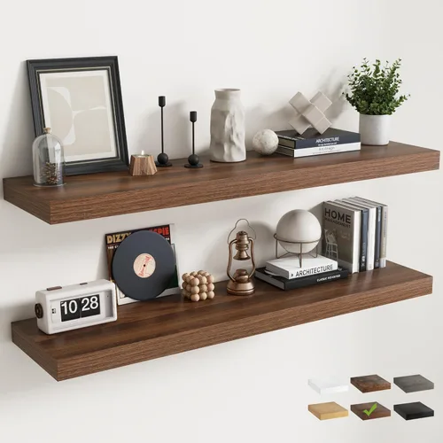 Miniatura 38 de Estantes flotantes para pared con soportes invisibles, estantes de madera de ingeniería montados en la pared con grano de madera para sala de estar