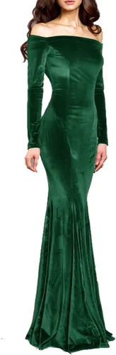 TTYbridal Vestido de noche de sirena de terciopelo con hombros descubiertos, vestidos largos de fiesta de graduación con dos mangas