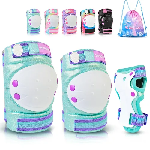 Miniatura 14 de NEMONE Rodilleras para niños, niñas, coderas, muñequeras con bolsa de cordón, juego de equipo de protección reflectante ajustable para patinaje