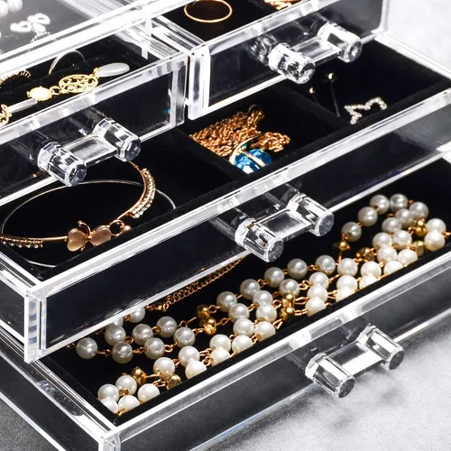 Miniatura 3 de Frebeauty Joyero de acrílico con 4 cajones, organizador de joyas transparente, anillos de terciopelo, collares, aretes, pulseras, vitrina, bandeja