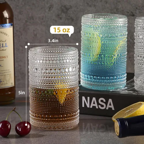 Miniatura 2 de Amyoole Juego de 6 vasos para beber Hobnail de 15 onzas, vasos de agua transparentes vintage en relieve, vasos de cóctel para cerveza, whisky, jugo