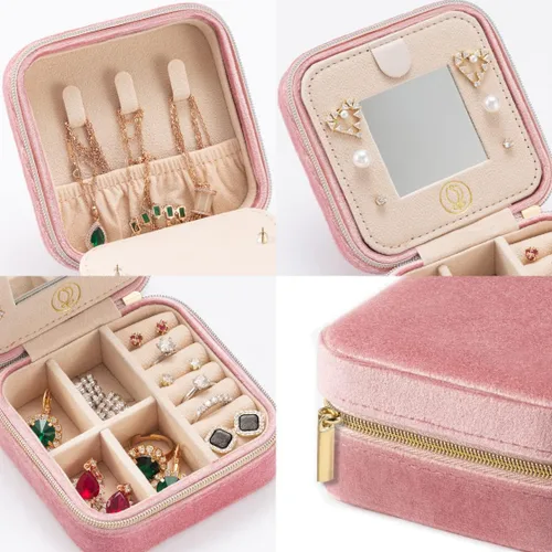 Miniatura 7 de Joyero de viaje de terciopelo de felpa, organizador de joyas de viaje, estuche de viaje para joyas, joyero de viaje, pequeño joyero para mujeres