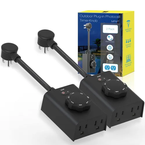 Minoston Temporizador para Exteriores Paquete de 2, Enchufe de Anochecer a Amanecer con 2 Enchufes con Conexión a Tierra, Configuraciones de 2-8