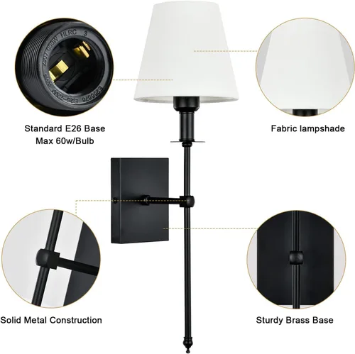 Miniatura 2 de Pauwer Juego de 2 apliques de pared delgados de tela blanca, aplique de pared para interiores, soporte de columna, lámparas de pared para Negro