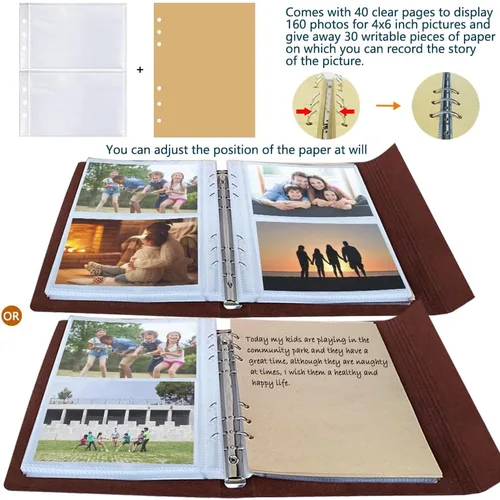 Miniatura 4 de Álbum de fotos de 4 x 6 pulgadas, 160 fotos, álbumes de fotos de cuero con espacio de escritura con 30 papeles de escritura, viajes, familia, boda