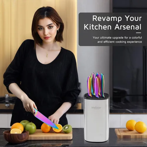 Miniatura 3 de WELLSTAR Rainbow - Juego de 7 cuchillos de cocina de acero inoxidable de alto carbono iridiscentes alemanes con bloque universal de cuchillos, Juego