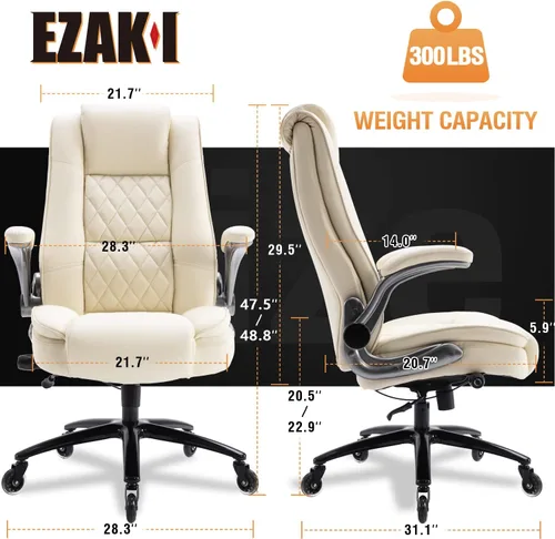 Miniatura 3 de EZAKI Silla de oficina con respaldo alto, brazos abatibles, silla ejecutiva de escritorio para computadora, soporte lumbar integrado, acolchado Beige