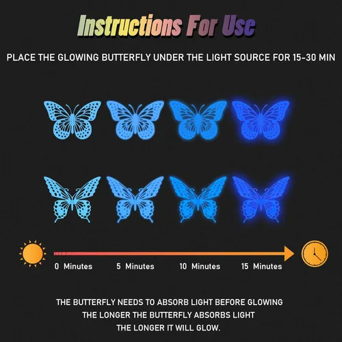 Miniatura 6 de SAOROPEB - Calcomanía 3D de mariposa que brilla en la oscuridad, 24 unidades, 3 tamaños, para decorar techo o pared, suministros de fiesta