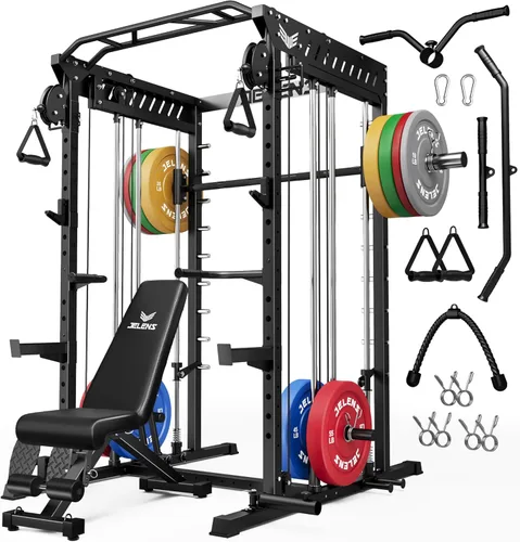 Miniatura 15 de JELENS M21 - Máquina Smith, jaula de potencia multifunción con sistema de cruce de cable de polea doble, banco de sentadillas todo en uno de 907 kg