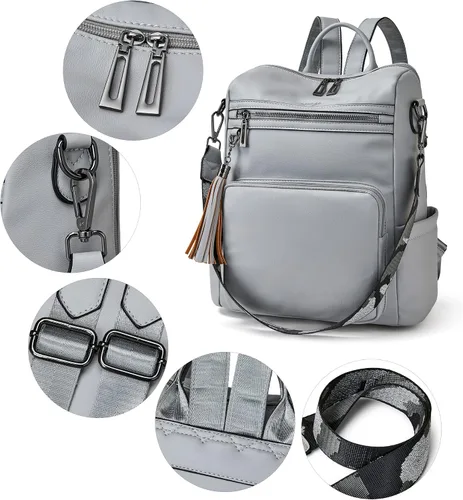 Miniatura 28 de OPAGE - Mochila de cuero para mujer, con borla de moda, bolso de hombro, mochila grande, bolsa de viaje, gris, L