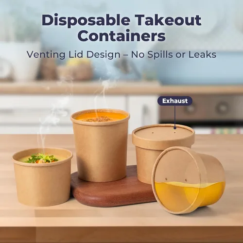 Miniatura 4 de Fit Meal Prep Paquete de 250 recipientes de sopa de papel kraft de 8 onzas con tapa ventilada, vasos de papel caliente o frío, recipiente