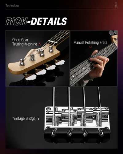 Miniatura 5 de Donner Guitarra eléctrica de bajo de 4 cuerdas tamaño completo estilo estándar PB para principiantes color negro para principiantes con lección
