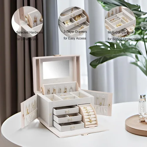 Miniatura 31 de vlando joyero organizador clásico de piel sintética con espejo y con llave