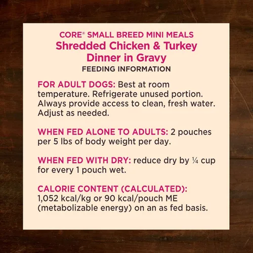 Miniatura 9 de Wellness CORE - Mini comidas naturales para razas pequeñas, sin granos, comida húmeda para perros, pollo rallado y pavo en salsa, bolsa de 3 onzas