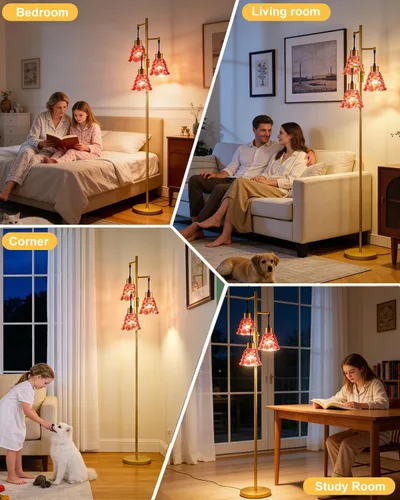 Miniatura 8 de Lámpara de pie moderna de cristal de 3 luces, lámpara alta de pie dorada con pantalla de vidrio de piña roja profunda, lámpara de pie LED regulable