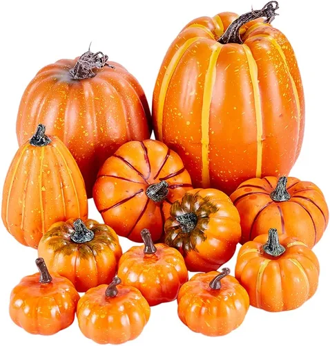 Miniatura 7 de Artmag Paquete de 12 calabazas artificiales de color naranja de varios tamaños, calabazas falsas grandes para otoño, Acción de Gracias, Halloween