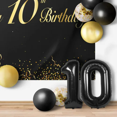 Miniatura 6 de Globos de Feliz 10 Cumpleaños Negros Set Decor - Saludos a la Fiesta de 10 Años de Edad, Guirnalda, Bandera, Telón de Fondo, Decoraciones