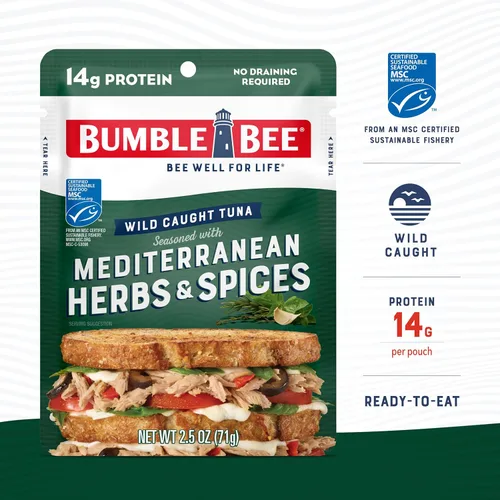 Miniatura 3 de Bumble Bee - Atún sazonado con hierbas y especias mediterráneas, sobre de 71 g - Listo para comer - Paquete de atún capturado de forma salvaje - 14