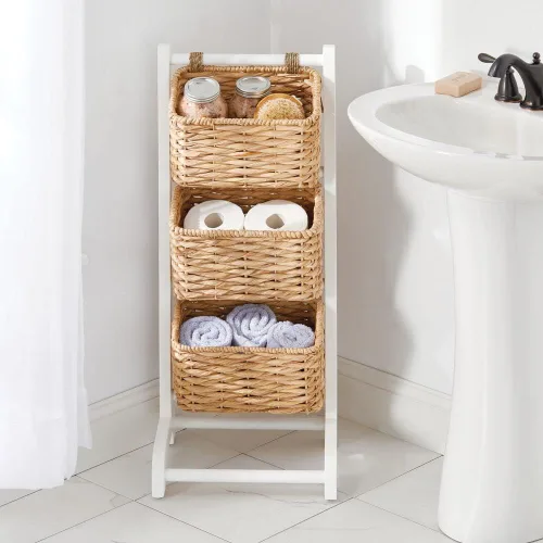 Miniatura 2 de mDesign Water Hyacinth - Cestas de almacenamiento de 3 niveles con cesta de mercado, estante vertical para sala de estar, lavandería, dormitorio