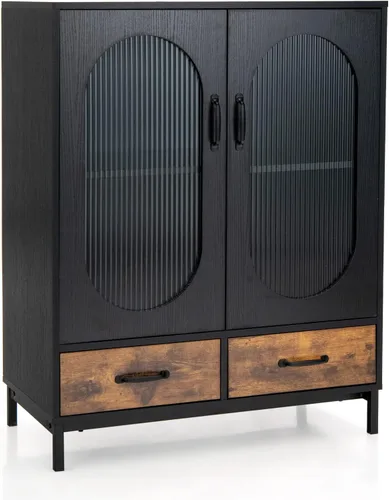 Giantex Armario buffet con 2 cajones, aparador de madera, armario de pie de 2 niveles con puertas de vidrio templado, gabinete de almacenamiento