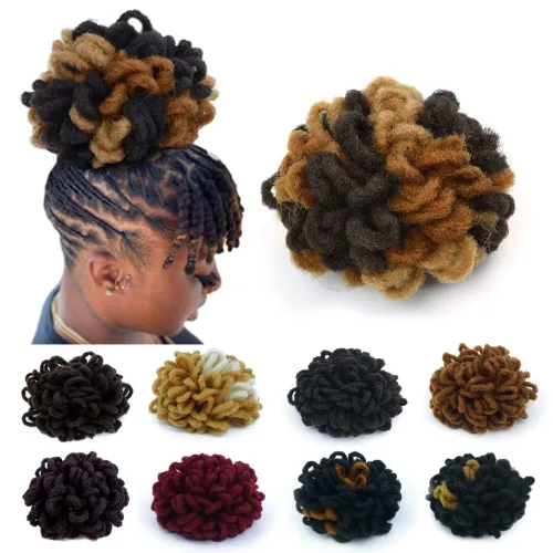 Miniatura 12 de Moños de Cola de Caballo con Cordón Negro Marrón Loc para Mujeres Negras Moño Rizado de Pétalo Loc Cola de Caballo de Rastas Trenzas Faux Locs Moño