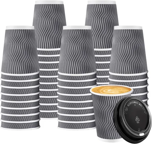 BYSNOW Paquete de 100 tazas de café de 8 onzas con tapas, tazas de café aisladas desechables para llevar, tazas de café de papel onduladas