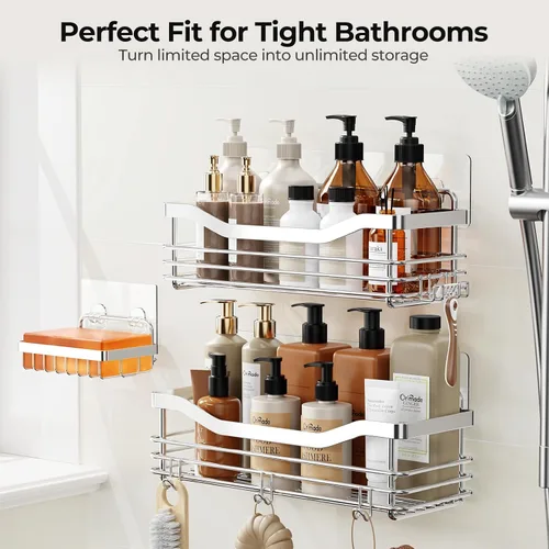 Miniatura 4 de Orimade Cesta de ducha con 5 ganchos, organizador de baño, estante de almacenamiento de cocina, adhesivo montado en la pared, sin perforaciones