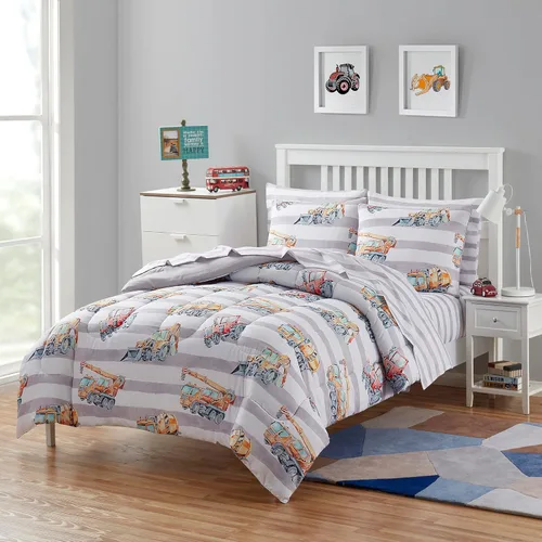 Juego de ropa de cama para niños en una bolsa para niños y niñas, con juego de sábanas impresas y edredón, tamaño completo, camiones