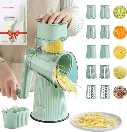 Rallador de queso giratorio 5 en 1 para cocina, trituradora de zanahorias, trituradoras de alimentos con 5 juegos de cuchillas intercambiables y