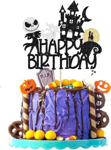 1 pieza de decoración de pastel de Halloween con purpurina Jack y Sally calabaza murciélago castillo fantasma Halloween pastel Pick para fiesta de
