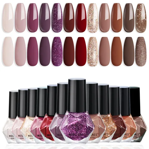 modelones Juego de esmaltes de uñas de 12 colores, rojo burdeos, Año Nuevo 2025, juego de esmaltes de uñas champán dorado con purpurina rojo oscuro,