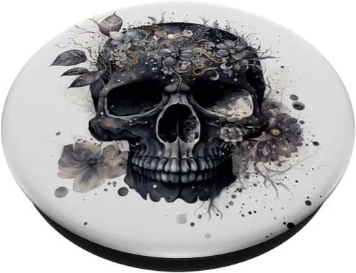 Miniatura 2 de Gráfico de calavera floral para mujer, cumpleaños, único, negro, calavera, PopSockets, PopGrip estándar