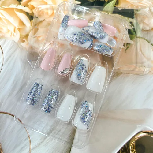 Miniatura 4 de Uñas postizas artificiales a presión de longitud media con diseño de lentejuelas plateadas, cobertura completa, reutilizables, rosadas