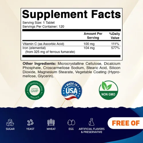 Miniatura 2 de Vitamatic Fumarato ferroso 325 mg + vitamina C 100 mg (104 mg de hierro elemental) – Suplemento de hierro de alta potencia – Suave para el estómago
