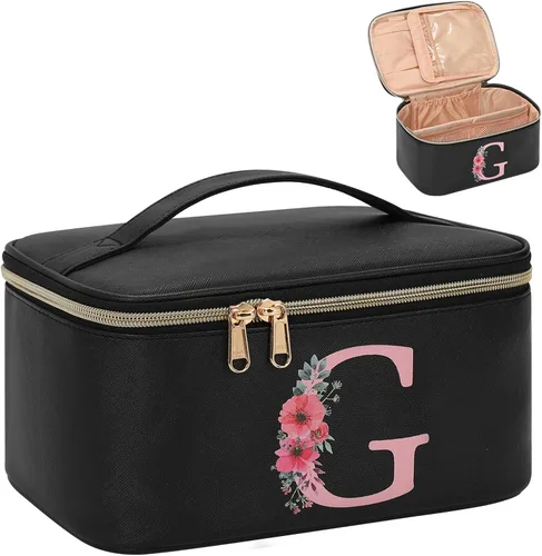Miniatura 78 de OCHEAL Bolsa de maquillaje personalizada, bolsa de maquillaje beige para mujer, kit de aseo de viaje con monograma, organizador de cosméticos listo