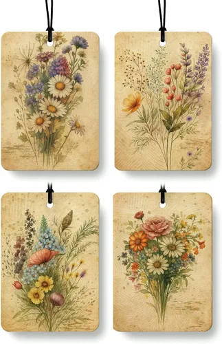 Ambientador de Aire Floral Vintage para Automóvil 4 Piezas, Ambientador de Aire Colgante Retro Cottagecore de Flores Silvestres para Autos Armario