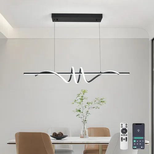Lámpara colgante LED moderna, lámpara de araña negra de 39.37 pulgadas regulable con control remoto y teléfono, temperatura de color ajustable de