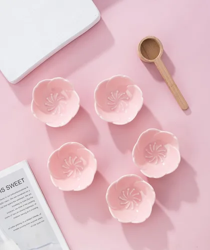 Miniatura 2 de Jusalpha Juego de 5 piezas de plato de salsa de cerámica con diseño de flores de cerezo rosa, plato de condimentos, tazón para sushi con salsa