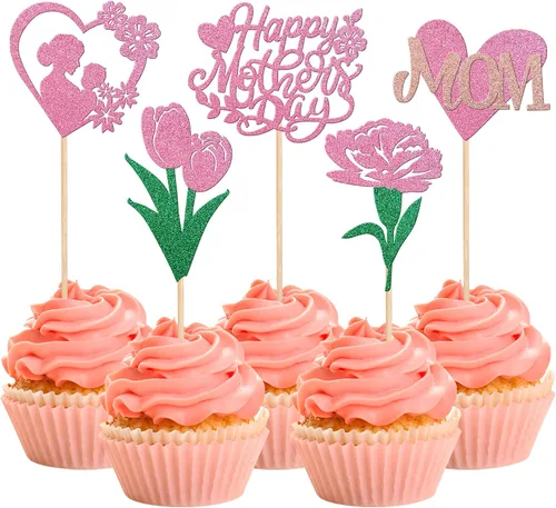 Miniatura 26 de Rsstarxi 1 paquete de decoración para pastel con flores de purpurina con doble corazón Love Mom Best Mom Best Mom Cake Pick Decoraciones para feliz