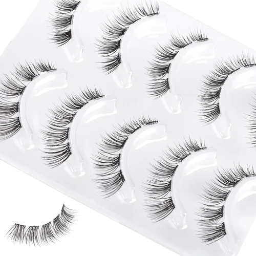 Miniatura 3 de Pestañas postizas de banda transparente natural, pestañas postizas de visón sintético, ojo de gato, 0.276-0.472 in, rizo D, volumen corto, 5 pares