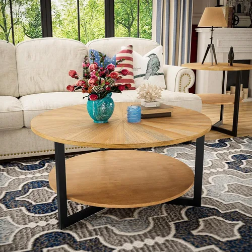 Miniatura 12 de Mesa auxiliar redonda con estante de almacenamiento, mesa central circular de 33.5 pulgadas con patas de metal negro, mesa de cóctel industrial de 2