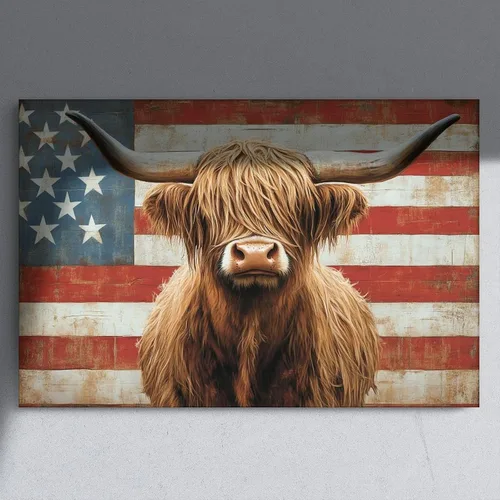 Miniatura 7 de JDBeehpy Arte de pared de vaca de las tierras altas de granja, bandera americana, sin marco, póster patriótico para el Día de la Independencia del 4
