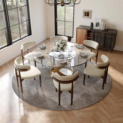 Miniatura 14 de POVISON Juego de 4 sillas de comedor redondas de lino y algodón con mesa de comedor de vidrio (mesa de comedor de 51 pulgadas + 4 sillas)