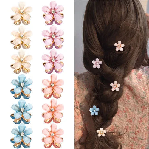 AHONEY Pinzas para el cabello, 12 piezas pequeñas de cristal mini flor pasadores de pelo decoraciones para cabello fino, 4 colores