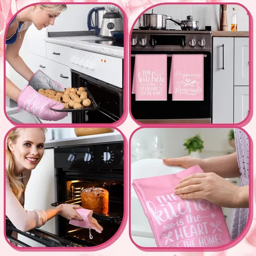 Miniatura 5 de Sratte Juego de 6 Piezas de Accesorios de Decoración de Cocina Estilo Granja Toallas Agarraderas Juego de Manoplas de Horno 2 Paños de Cocina 2 Rosa