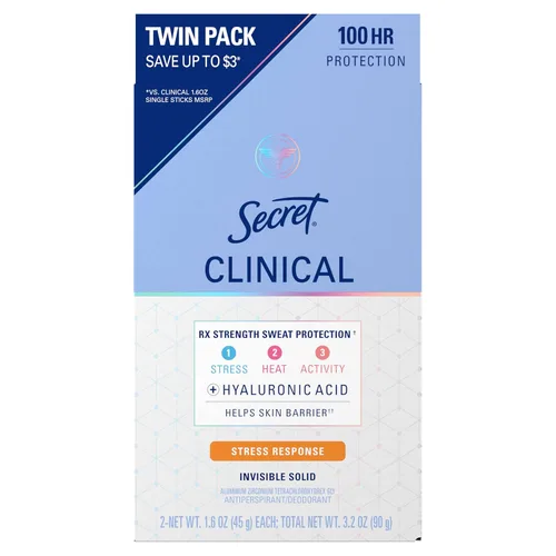 Secret Clinical Strength 100HR - Desodorante antitranspirante sólido invisible para mujeres, protección contra el estrés con ácido hialurónico, pH
